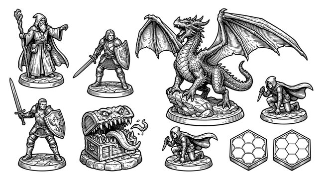 Fantasy adventure game miniatures including wizard knight dragon monster chest and dice