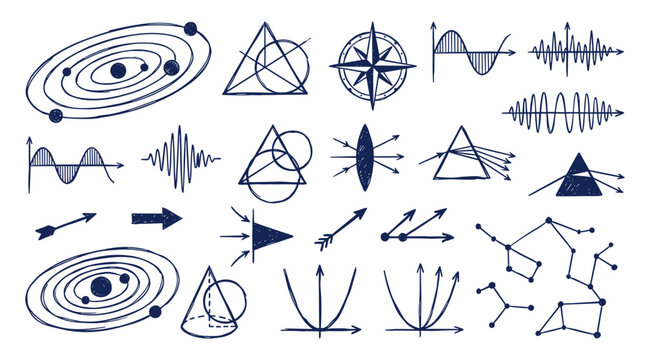 Collection of scientific and geometric symbols and diagrams including solar system, waves, prisms, and constellations