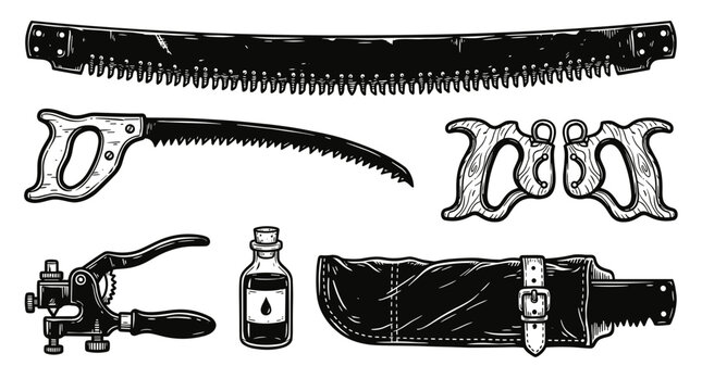 Collection of vintage woodworking tools including saws, knife, and sharpening oil bottle