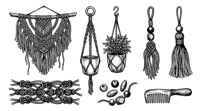 Macrame Craft Elements Including Wall Hanging Plant Hanger Beads and Comb