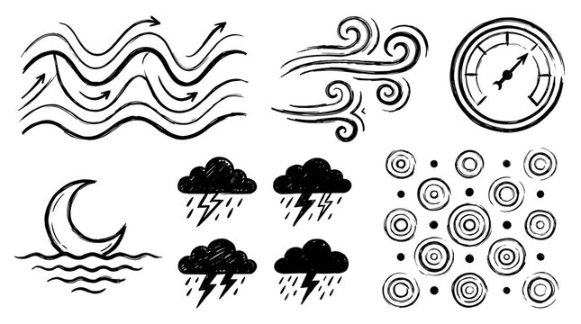 Hand Drawn Weather Icons Set Moon Clouds Lightning Wind Gauge Circles and Arrows