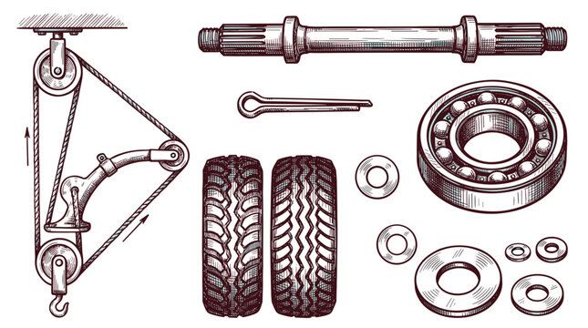 Mechanical engineering components and pulley system illustration