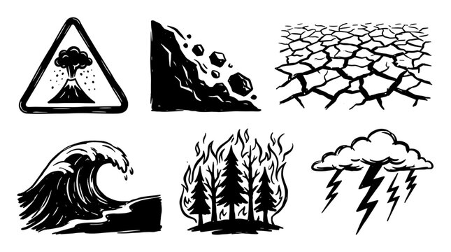 Set of natural disaster icons including volcano landslide drought tsunami wildfire and thunderstorm