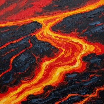 Vivid Lava Flow Painting - A Fiery River of Molten Rock.