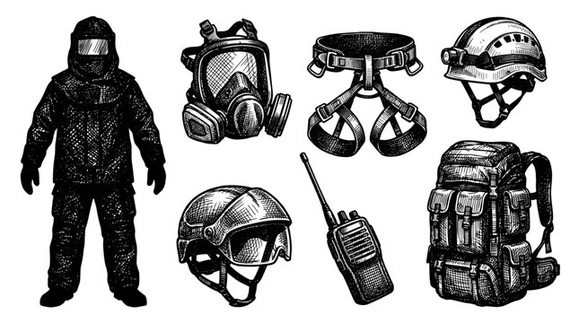 Collection of safety and rescue equipment including hazmat suit gas mask climbing harness helmet backpack and radio