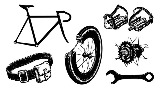 Bicycle parts and accessories illustration in black and white sketch style