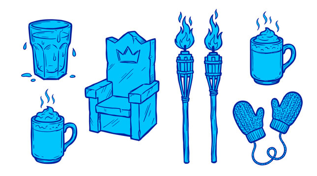 Collection of blue hand drawn icons including a throne, mugs, torches, mittens and a glass of water