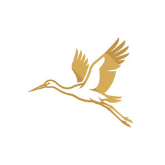 Fototapeta premium Shaded gold stork bird flying silhouette logo.