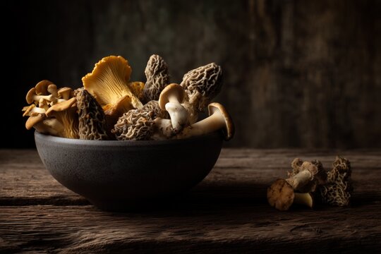 Assorted fresh wild mushrooms in ceramic bowl on dark rustic wooden table with mushrooms, culinary