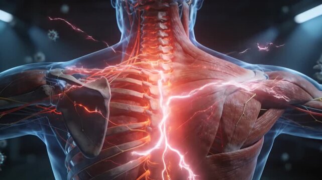 Detailed Anatomical Visualization of Human Spinal Column Nerve Pain and Muscular Inflammation