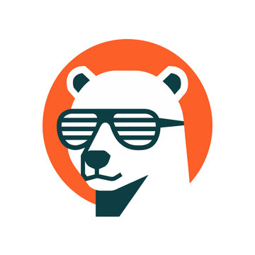 Polar bear head with sunglasses in orange circle minimalist graphic for branding