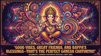 Obraz premium A vibrant, psychedelic illustration of Lord Ganesha surrounded by intricate mandala patterns and spiritual motifs, celebrating Ganesh Chaturthi.