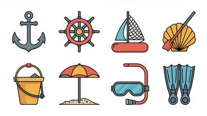 Colorful nautical and beach themed icons set. © Badak