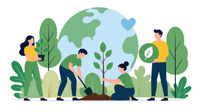 Group of volunteers planting tree saplings together in nature.