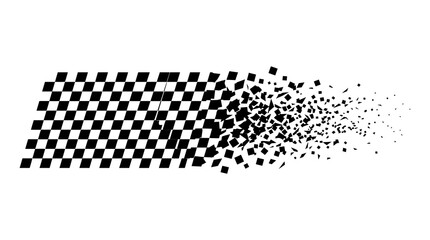 Fototapeta premium Black and white checkered racing flag pattern dissolving into small square particles.