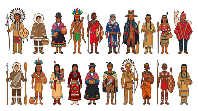 Array of indigenous characters wearing traditional ethnic clothing and costumes.