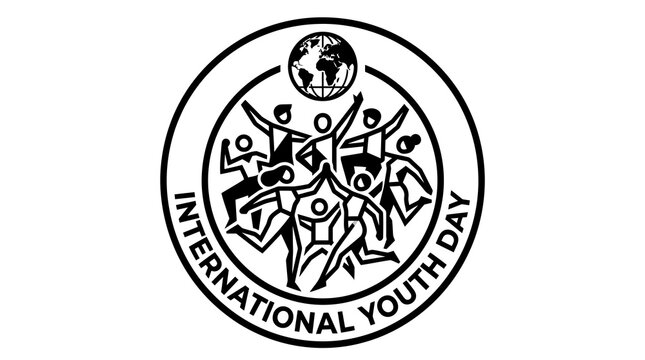 Black and white stamp logo for International Youth Day featuring dancing figures.