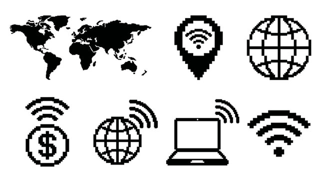 Black pixel art icons representing global technology, internet, and digital connectivity.
