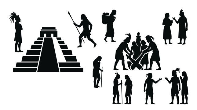 Black silhouettes of ancient Mesoamerican people and a step pyramid.