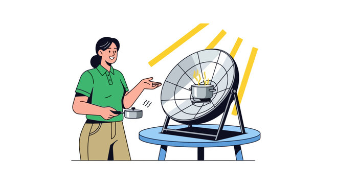 Woman Demonstrating Sustainable Solar Cooking Technology With Parabolic Reflector Device For Efficient Off Grid Food Preparation And Heating