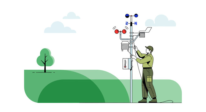 Man installing weather station equipment on a pole in a green landscape with a tree and cloudy sky, in a minimalist flat design style, depicting a meteorologist at work in a natural environm