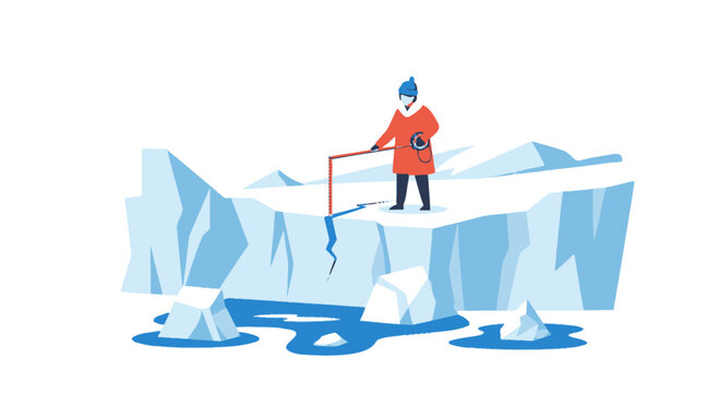 A lone adventurous man in orange coat and blue hat stands on melting iceberg edge pulling axe stuck in ice with rope on white background, minimalistic vector graphic