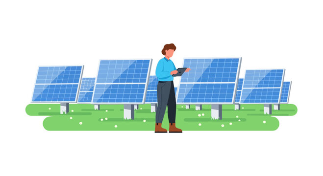 A technician using a digital tablet to inspect and maintain modern solar energy panels on an outdoor field for renewable electricity generation