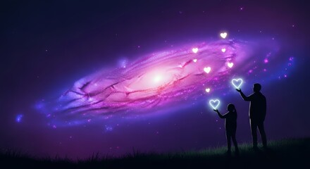 Naklejka premium Two dark silhouettes stand upon a grassy ridge, releasing luminous heart-shaped drones into a vibrant galaxy of purple light and tiny stars, night, technology, shape