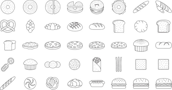 Collection of black and white line depicting various baked goods and fast food bagel donut pretzel croissant