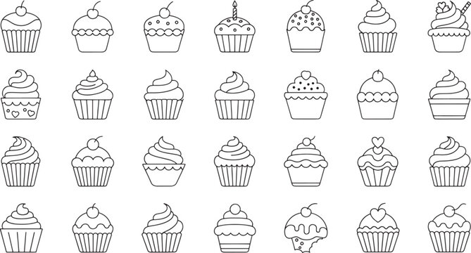 Collection of black and white outline of various cupcakes with different toppings symbol food