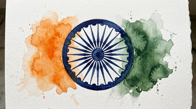 Artistic watercolor painting of the Ashok Chakra with orange and green paint splashes.