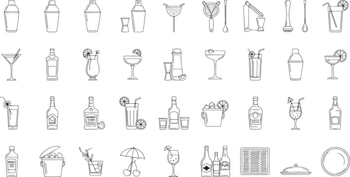 Collection of hand drawn line representing bar tools drinks and bottles cocktail shaker jigger strainer