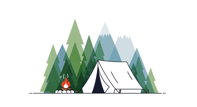 Minimalist camping tent and glowing campfire illustration in the forest.