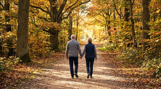 Back view of a couple holding hands while walking on a wooded autumn path.