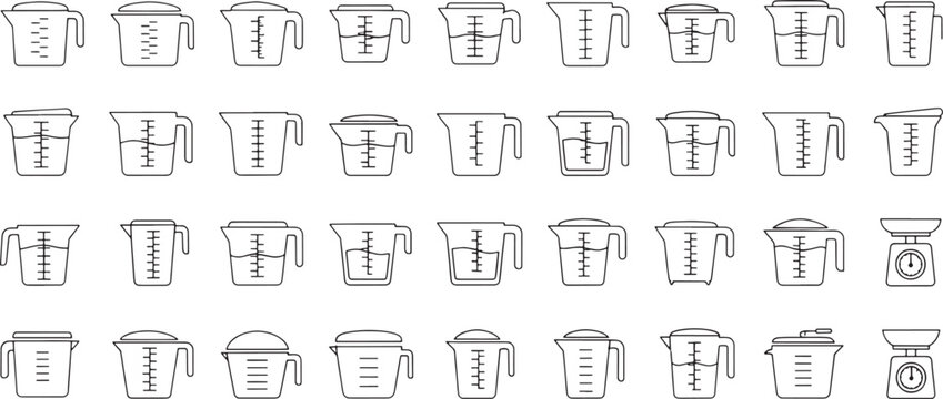 Collection of line measuring cups and kitchen scales beaker liquid water volume