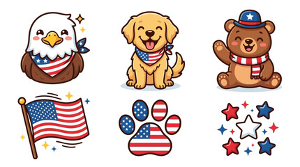 Naklejka premium Patriotic animals celebrate Independence Day with American flags and stars
