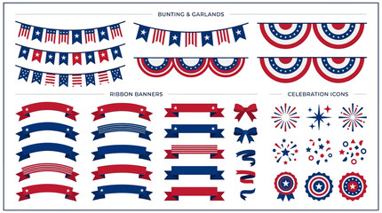 Obraz premium Patriotic decorations and banners with red, white, and blue colors are hung.