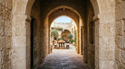 Obraz premium Ancient stone archway leading to a Mediterranean courtyard with plants.