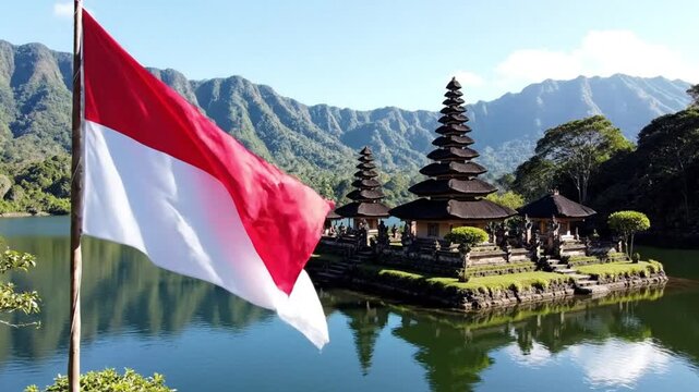Indonesian Flag Waving at Pura Ulun Danu Beratan Temple in Bali