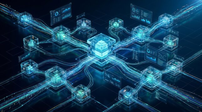 Ultra realistic corporate technology illustration, interconnected business ecosystem visualized as transparent glass modules