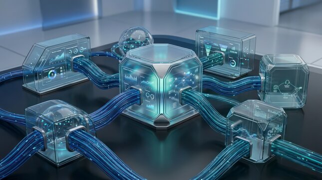 Ultra realistic corporate technology illustration, interconnected business ecosystem visualized as transparent glass modules