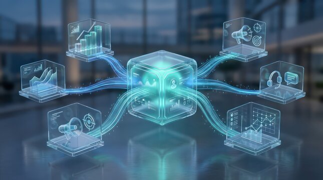 Ultra realistic corporate technology illustration, interconnected business ecosystem visualized as transparent glass modules
