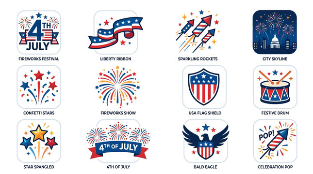Fireworks explode in night sky with patriotic symbols and American flags on Independence Day