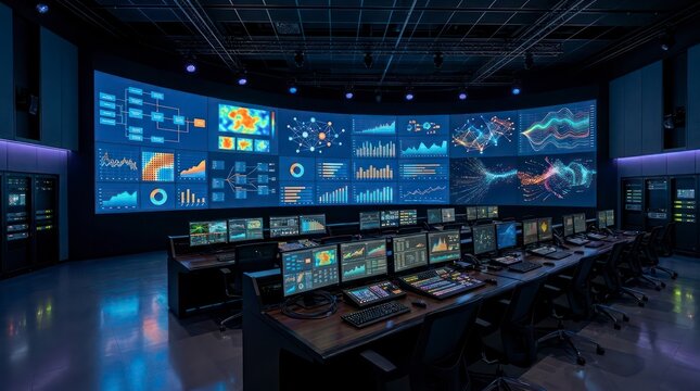 Ultra realistic premium media operations center, wall-sized screens displaying audience engagement