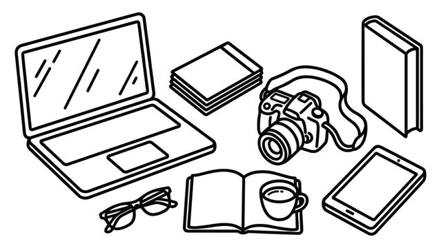 Collection of modern office supplies featuring laptop computer camera and notebook items.
