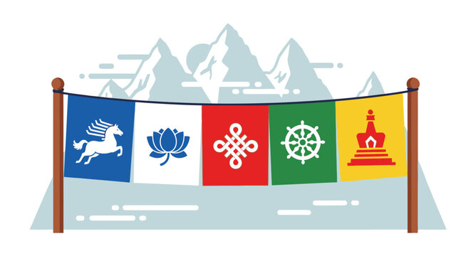Tibetan Prayer Flags Mountains Snow Buddhist Symbols