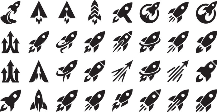 rocket ship silhouette icons and spaceship vector elements set
