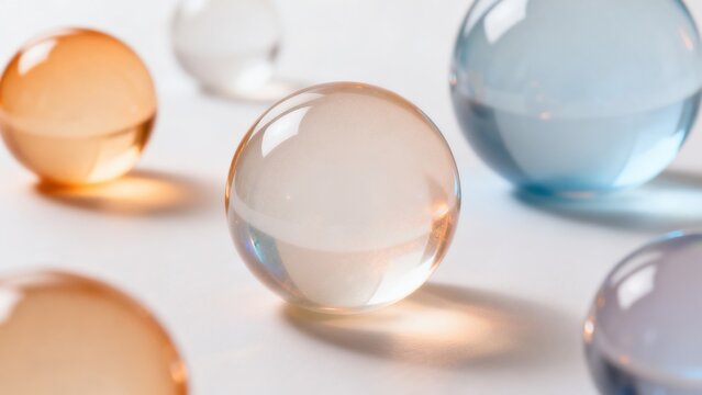 Colorful glass spheres on white surface