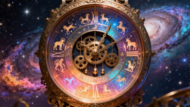Ornate clock with zodiac symbols against galaxy backdrop