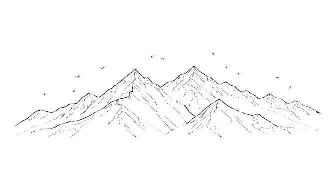 Mountain landscape with birds flying line art.